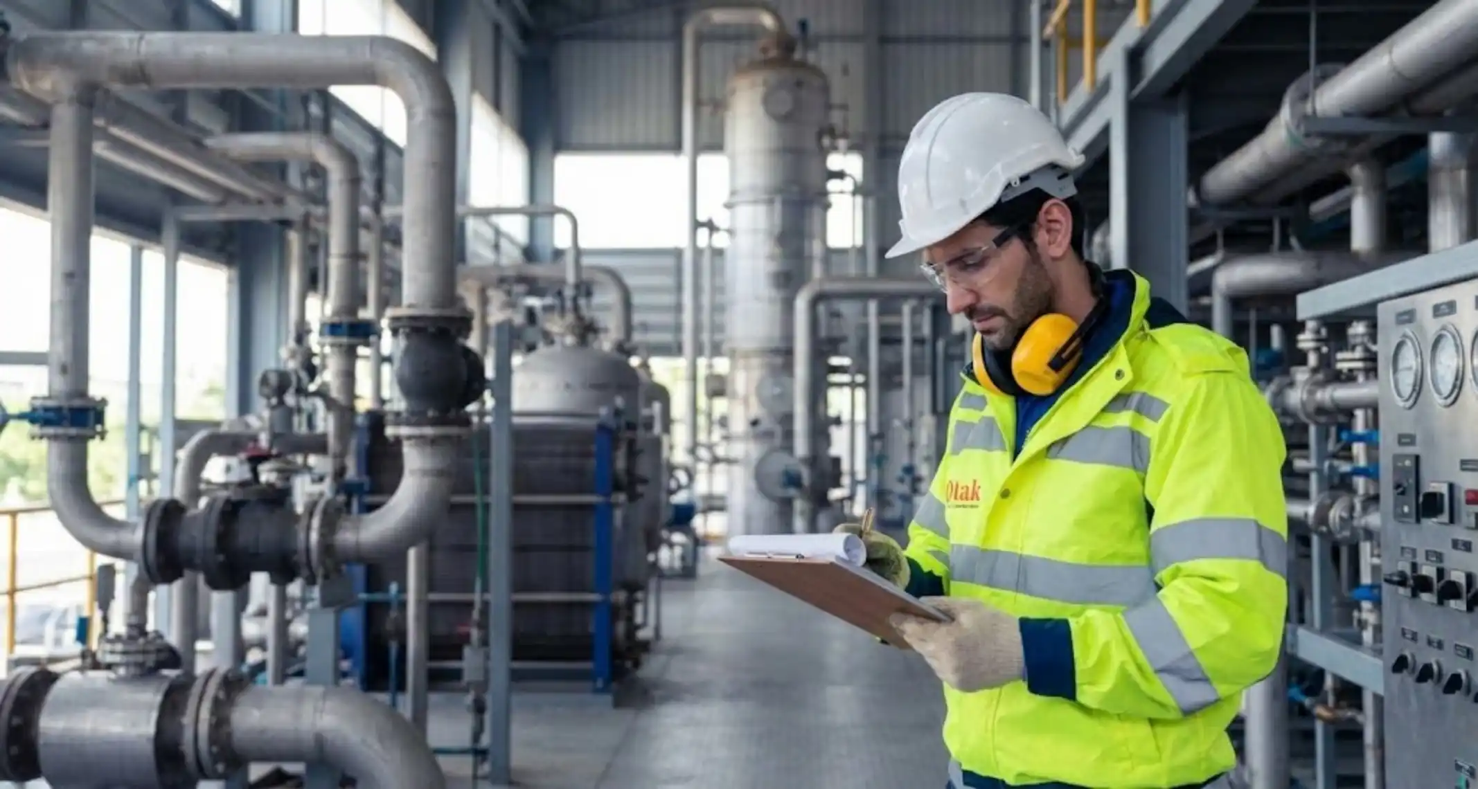 Engineer inspecting equipment at an oil and gas plant during O&M